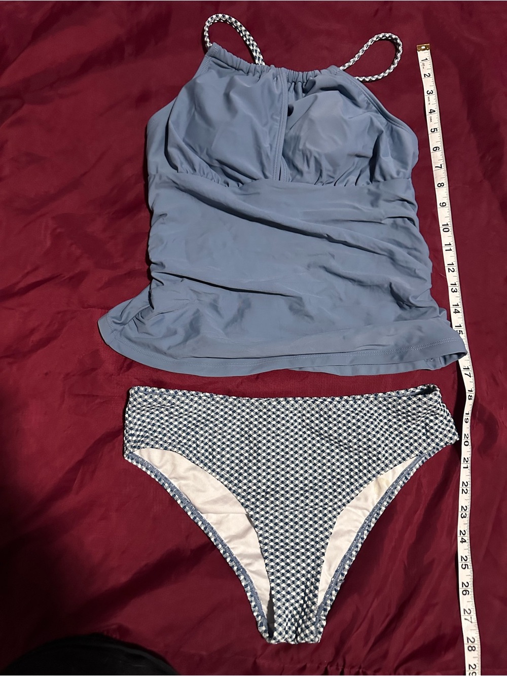 Women's Light Blue Tankini Set with Patterned Bikini Bottom